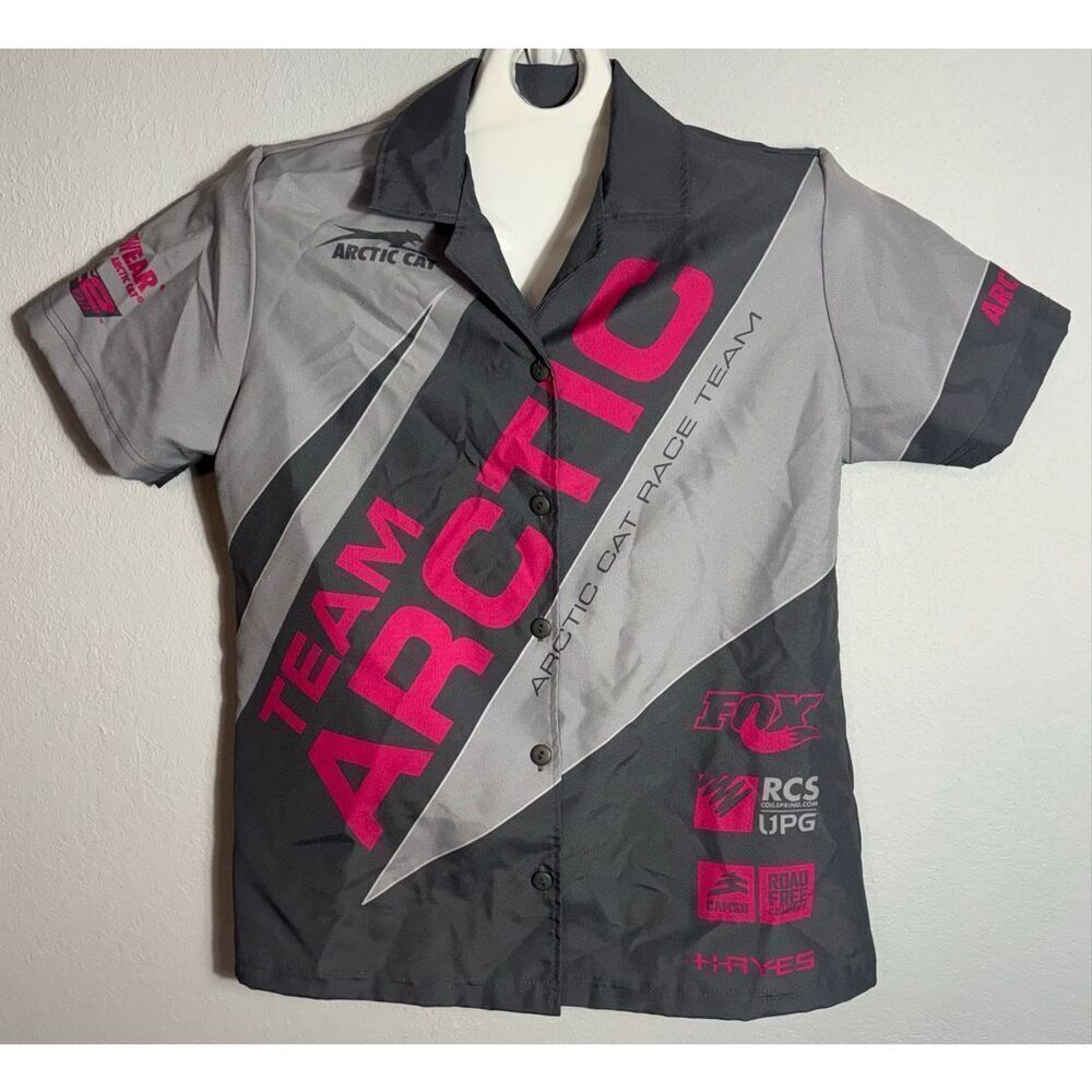 Team Arctic Cat Race Team Women's Size Large Pit Sponsor Shirt Gray Pink Fusia